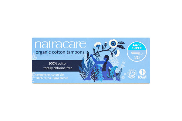 Natracare super organic cotton non-applicator tampons 20 count box.