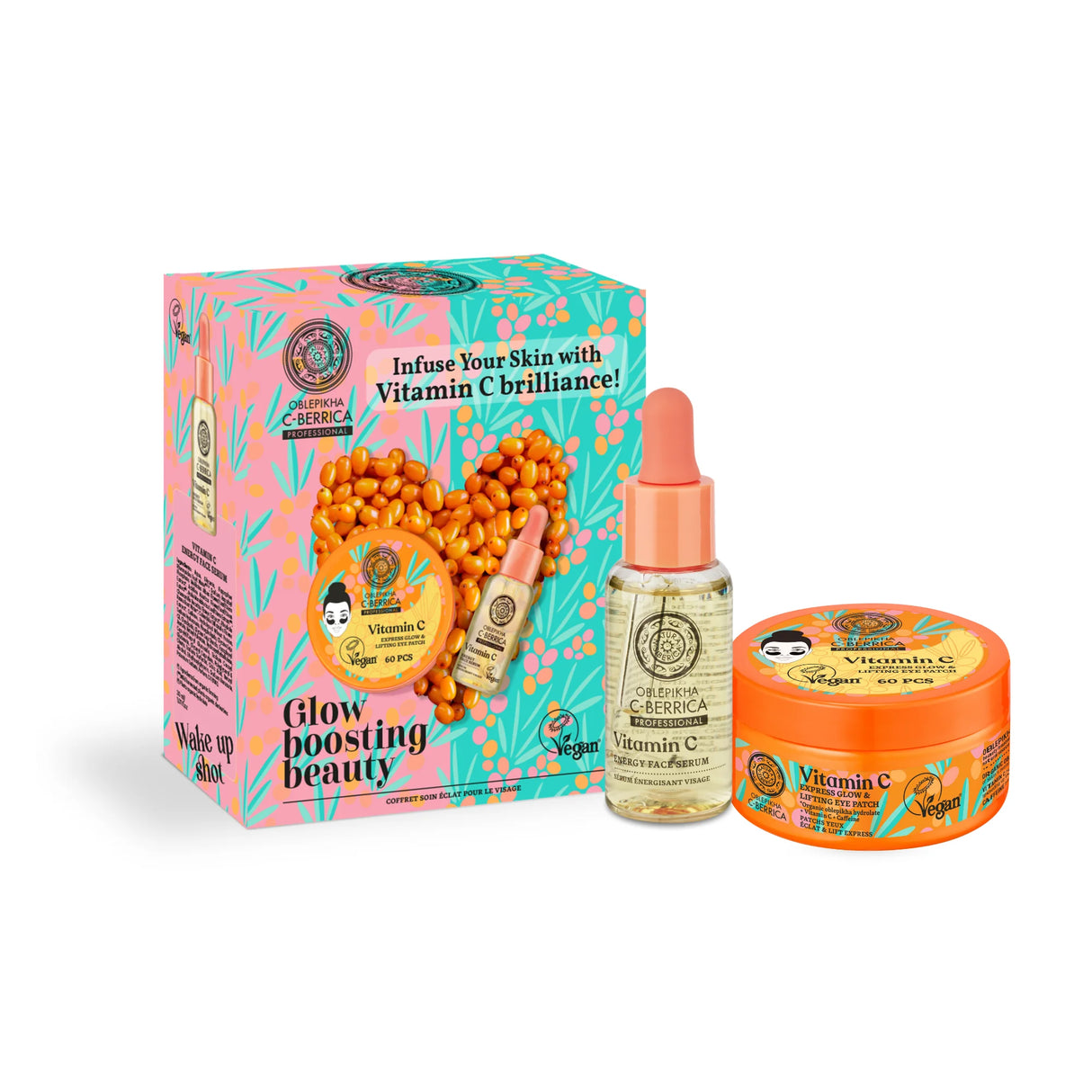 Natura Siberica Oblepikha C-Berrica Glow Boosting Beauty set featuring energy face serum and lifting eye patches.