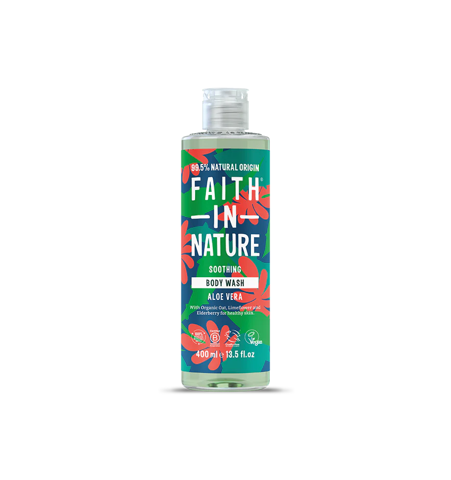 Bottle of "Faith in Nature" Aloe Vera body wash with a bold, green and red floral design on a black background. Labels emphasize natural origin.