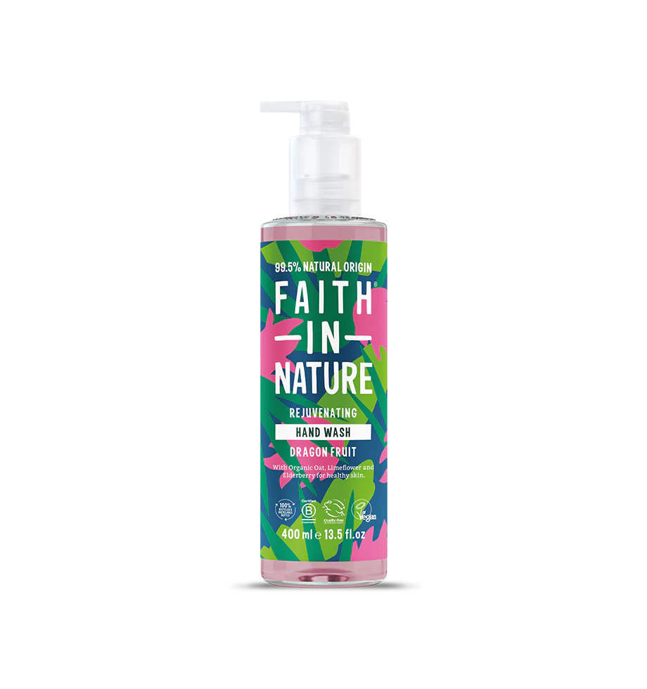 Clear bottle of Faith in Nature Rejuvenating Hand Wash, dragon fruit scent, with vibrant pink and green leaf design, highlighting its natural origin.