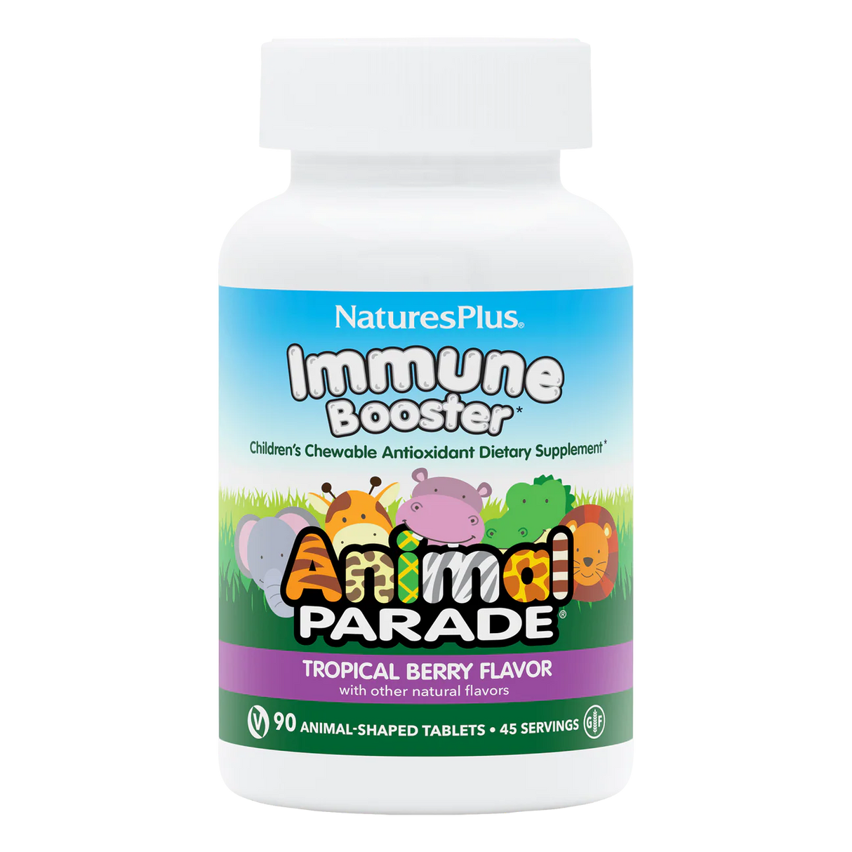 Nature's Plus Animal Parade Immune Booster children's chewable 90 tablets tropical berry flavour with Elderberry and Zinc for immune support.