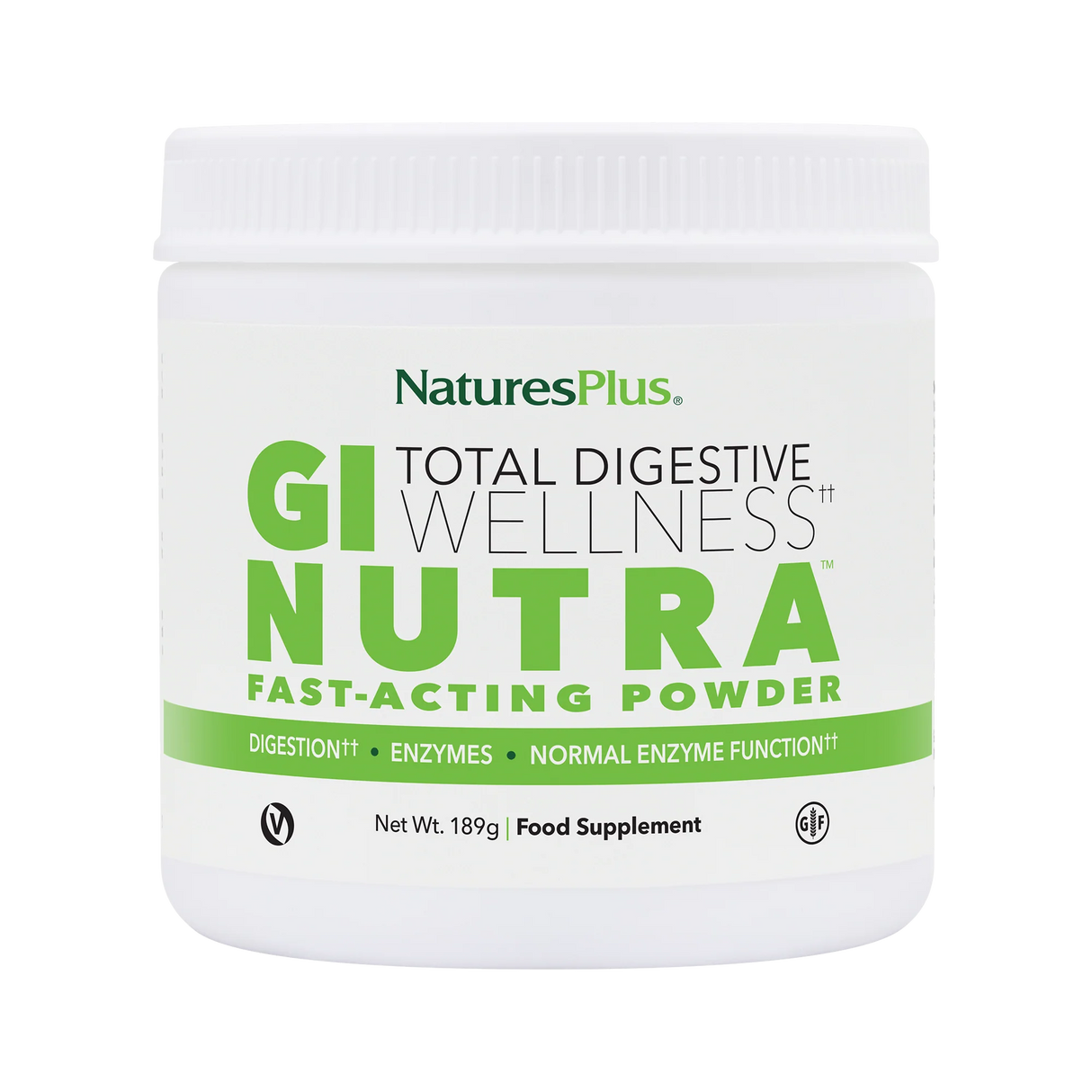 NaturesPlus GI Nutra Total Digestive Wellness powder container on a white background
