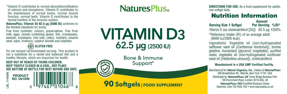 Natures Plus Vitamin D3 2500 IU Softgels