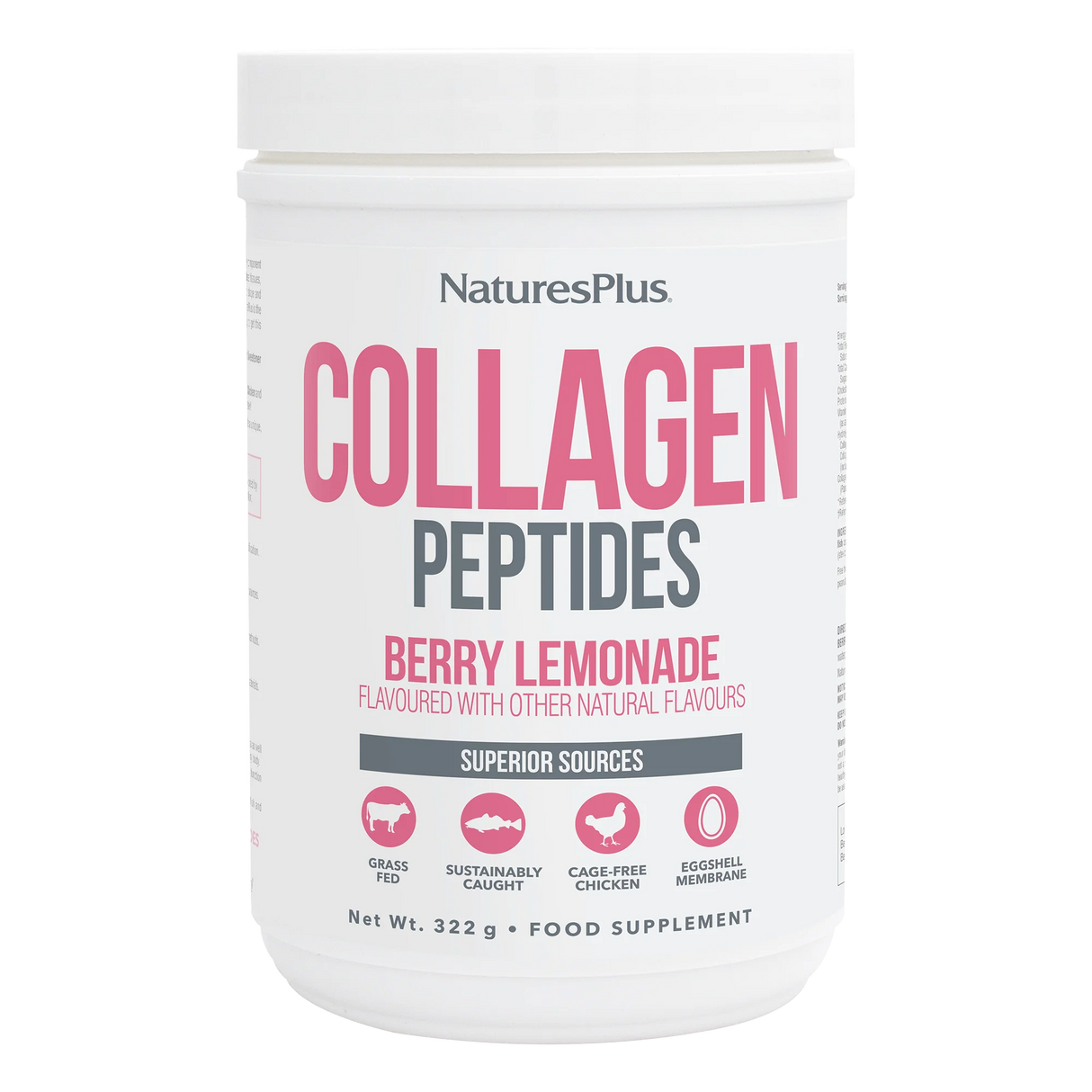 NaturesPlus Collagen Peptides Berry Lemonade flavored powder supplement in a 322g tub featuring superior sources including grass-fed beef, sustainably caught fish, cage-free chicken, and eggshell membrane.