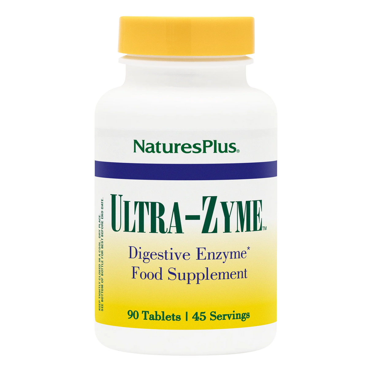 NaturesPlus Ultra-Zyme digestive enzyme food supplement bottle containing 90 tablets for 45 servings, featuring a white bottle with a blue and yellow label and a yellow cap.