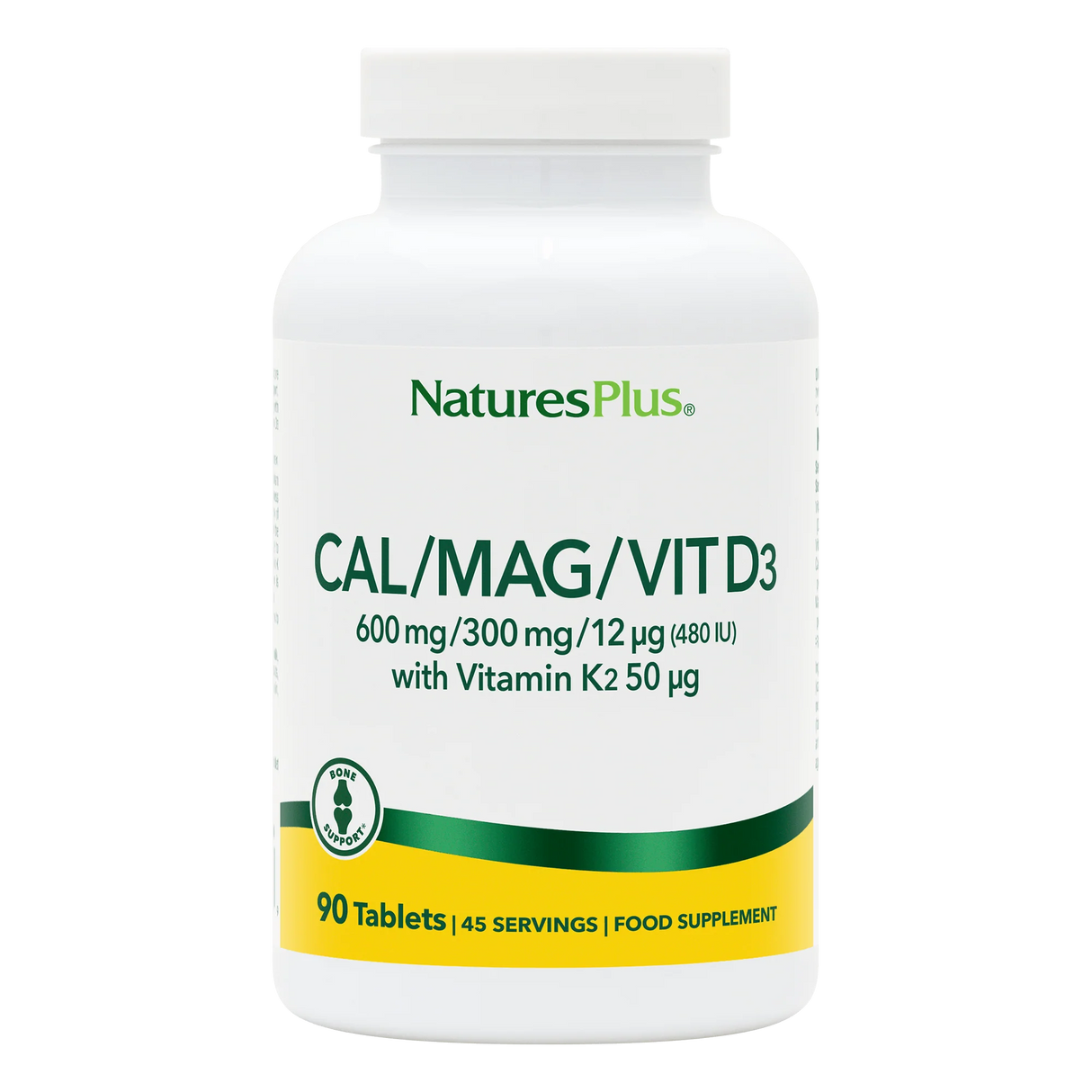 Front of NaturesPlus Calcium, Magnesium, and Vitamin D3 supplement bottle, 90 tablets, containing 600mg Calcium and 300mg Magnesium.
