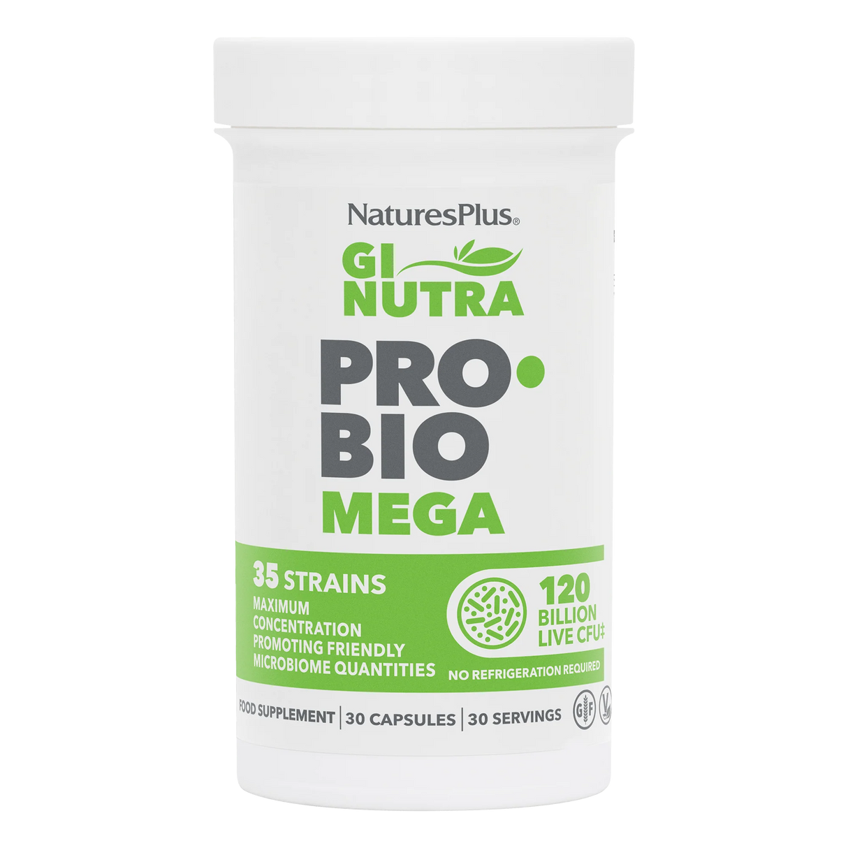 NaturesPlus GI Nutra PRO BIO Men probiotic supplement bottle featuring 21 strains and 60 billion live CFU in a white container with blue and green branding.