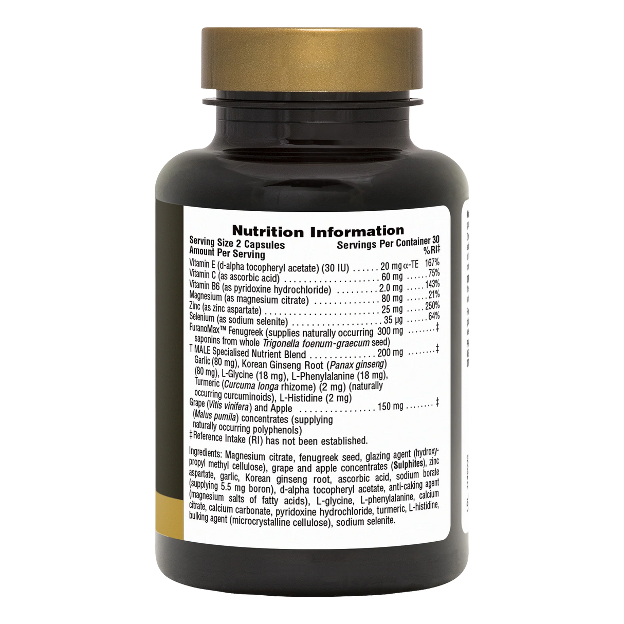 Back label of NaturesPlus T MALE supplement bottle showing nutrition facts, serving size of 2 capsules, specialized nutrient blend including Fenugreek and Zinc, and a full list of ingredients.