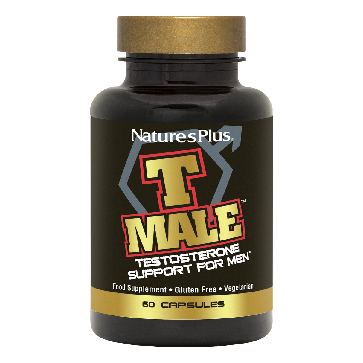 NaturesPlus T MALE testosterone support supplement bottle for men featuring 60 vegetarian and gluten-free capsules in a black container with gold and red branding.