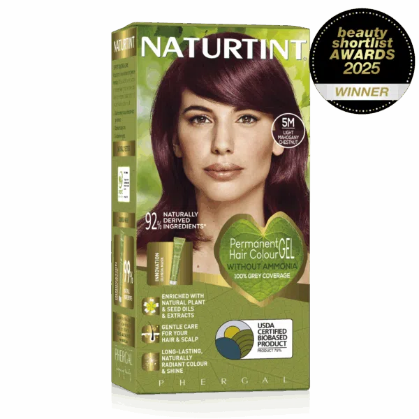 Naturtint Permanent Hair Colour Gel in 5N Light Chestnut Brown and 5M Light Mahogany Chestnut, featuring 100% grey coverage and an ammonia-free formula.