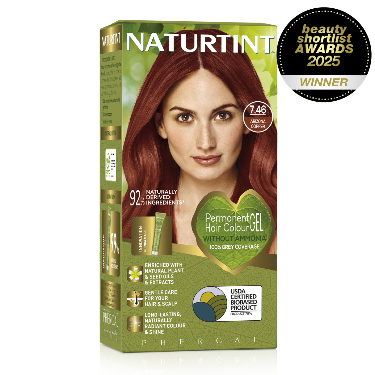 Naturtint Permanent Hair Colour Gel in 7.46 Arizona Copper, featuring 100% grey coverage and an ammonia-free formula.