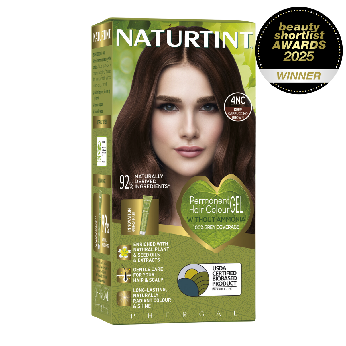 Naturtint Permanent Hair Colour Gel in 4NC Deep Cappuccino Brown, featuring 100% grey coverage and an ammonia-free formula.