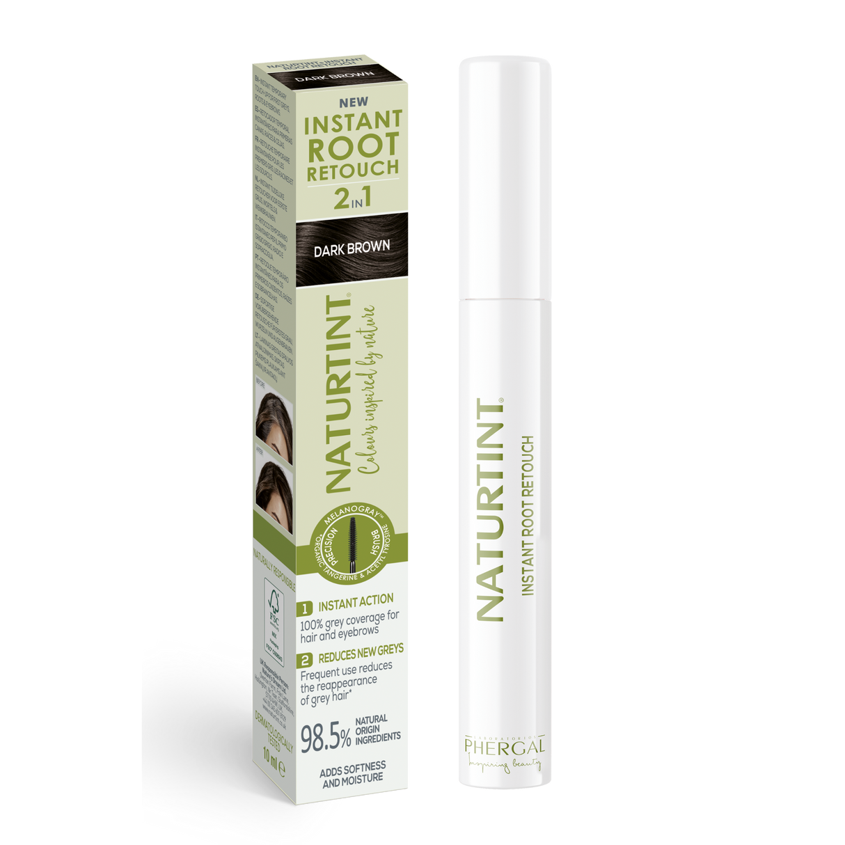 Naturtint Instant Root Retouch dark brown applicator with eco-friendly cardboard product packaging.