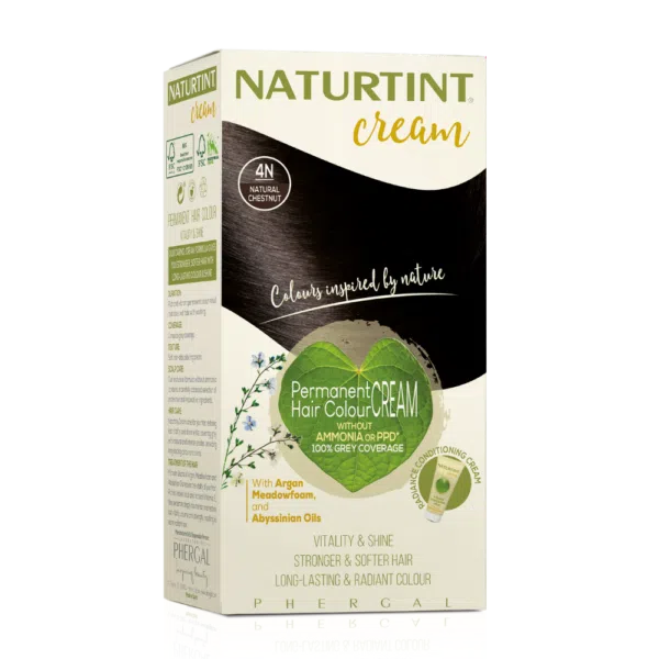 Naturtint Permanent Hair Colour Cream in 4N Natural Chestnut, featuring ammonia-free formula and 100% grey coverage.