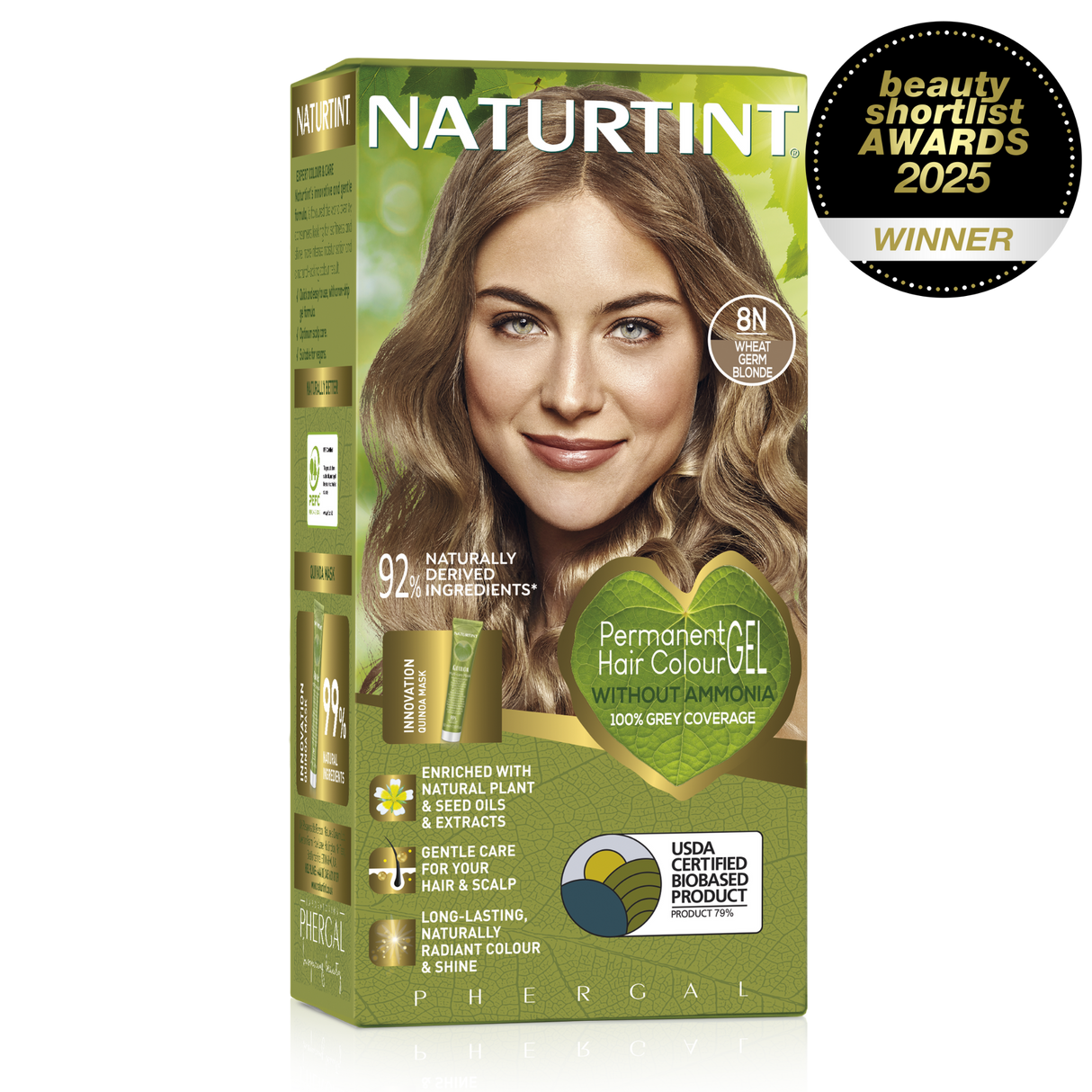 Naturtint Permanent Hair Colour Gel in 8N Wheat Germ Blonde, featuring 100% grey coverage and an ammonia-free formula, recognized as a Beauty Shortlist Awards 2025 winner.