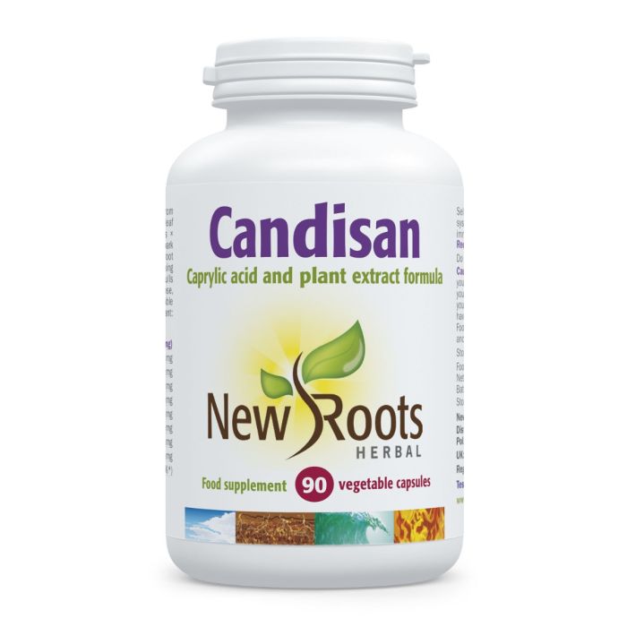 A white plastic bottle of New Roots Herbal Candisan, containing 90 vegetable capsules, on a clean white background.