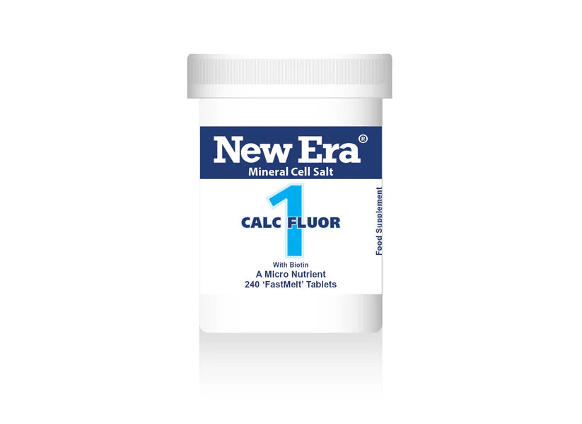 A bottle of New Era 1 Calc Fluor mineral cell salts.