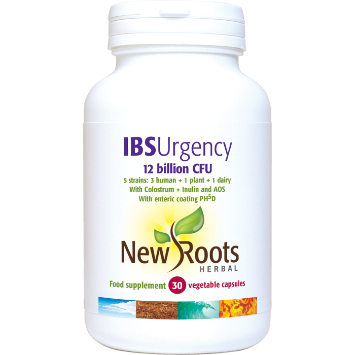 White bottle of New Roots IBS Urgency supplement capsules.