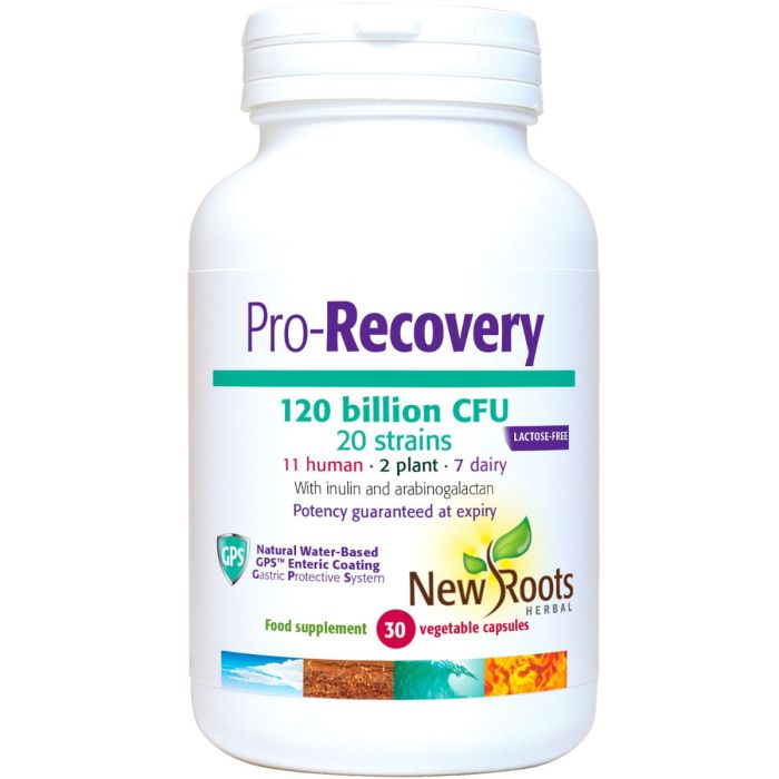 White bottle of New Roots Pro-Recovery probiotic capsules.