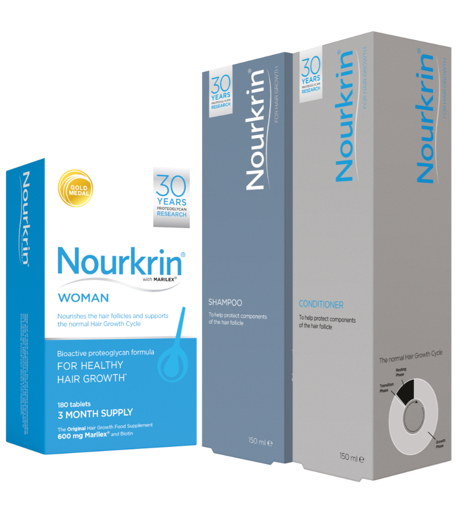 Nourkrin Woman hair growth supplement box alongside Nourkrin shampoo and conditioner bottles.
