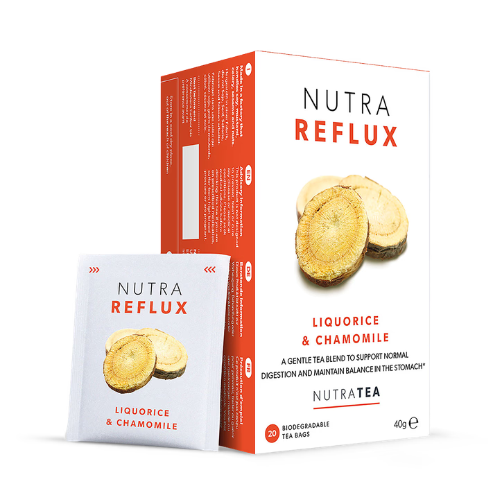 NutraReflux Herbal Tea bags for digestive comfort and stomach soothing 20 pack caffeine free organic ingredients.