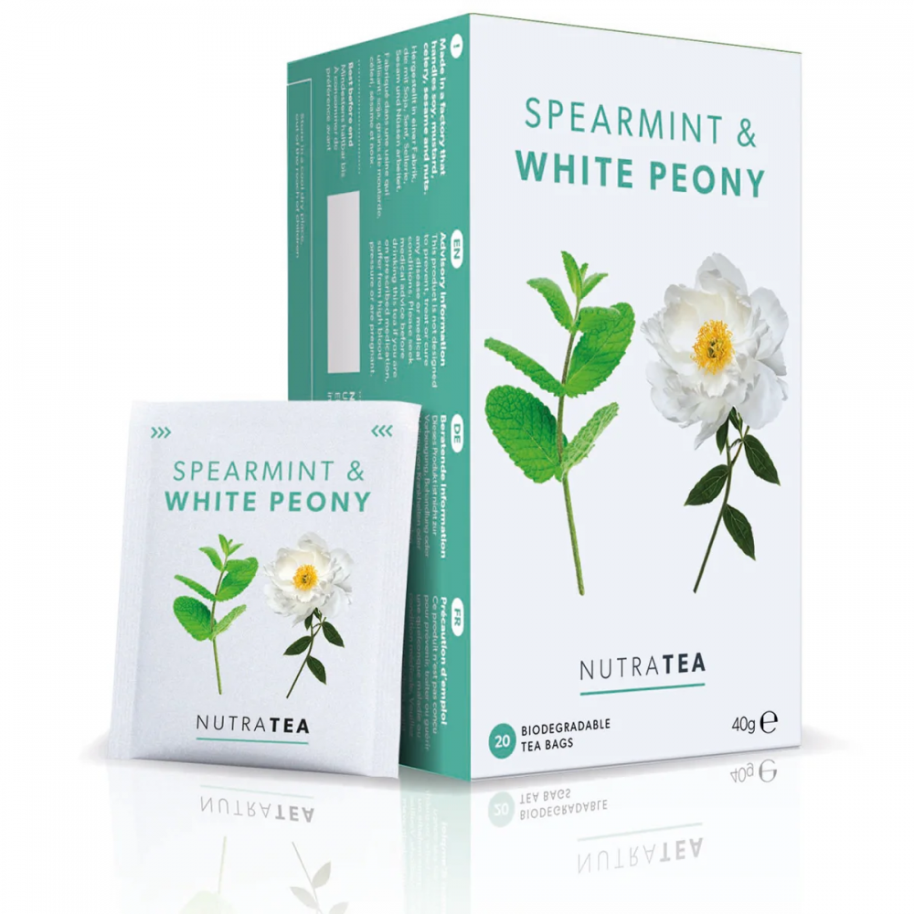 NutraTea Spearmint and White Peony herbal tea for hormonal balance and digestive health 20 tea bags pack.