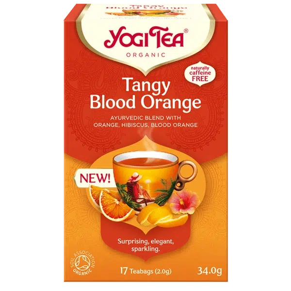 A box of Yogi Tea Organic Tangy Blood Orange, featuring an Ayurvedic blend with hibiscus and orange, displayed against a white background.