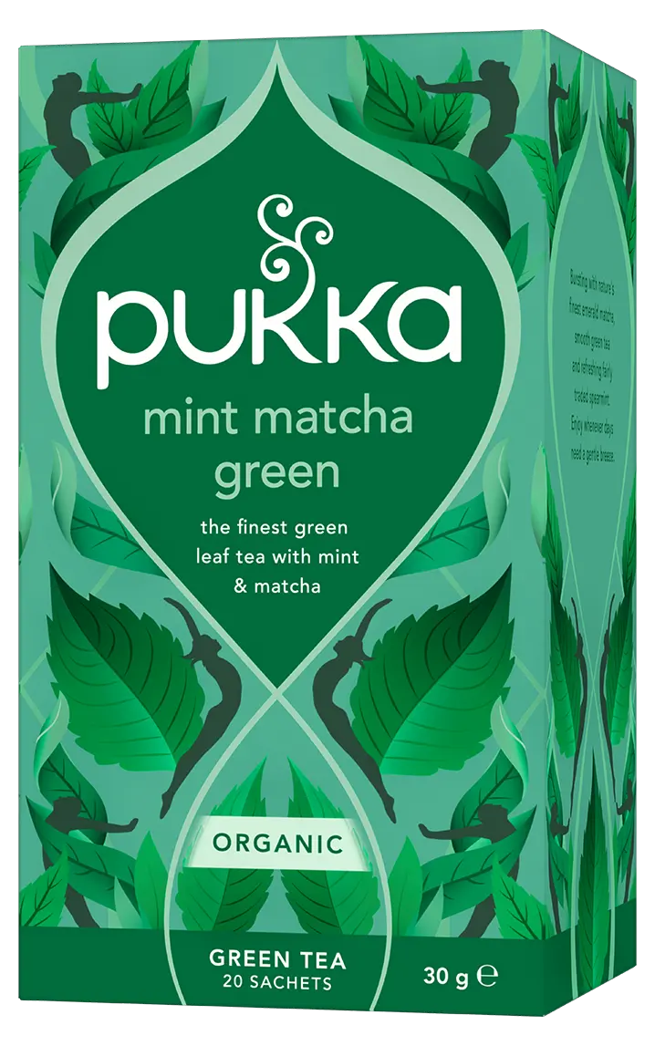 A box of Pukka Organic Mint Matcha Green tea, featuring a smooth blend of green leaf tea, spearmint, and emerald matcha containing 20 sachets.