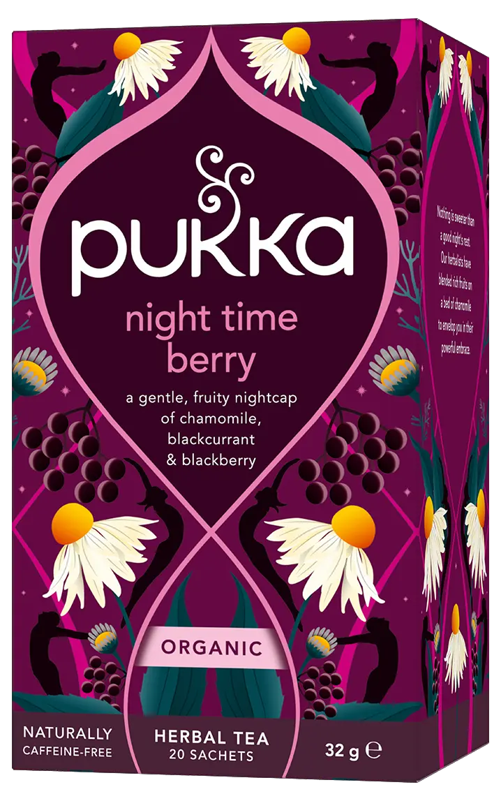 A dark purple box of Pukka Organic Night Time Berry herbal tea, featuring a restorative caffeine-free blend of elderberry, echinacea, and valerian containing 20 sachets.