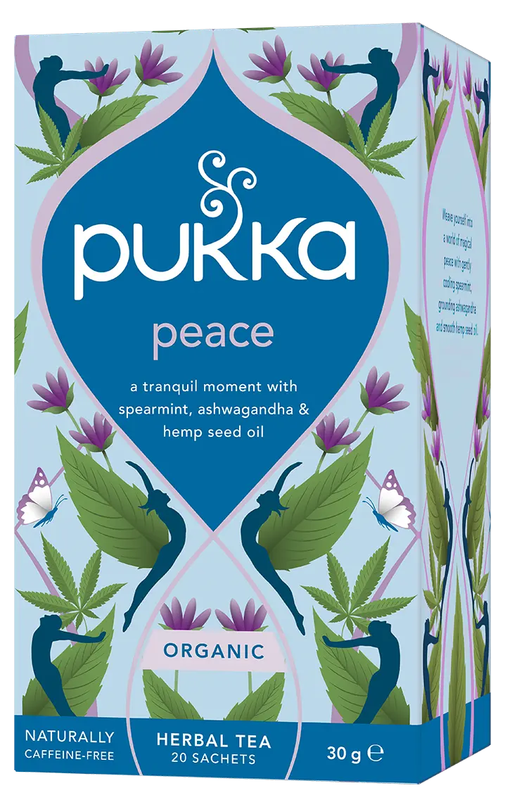 A light blue box of Pukka Organic Peace herbal tea, featuring a tranquil caffeine-free blend of spearmint, ashwagandha, and hemp seed oil containing 20 sachets.