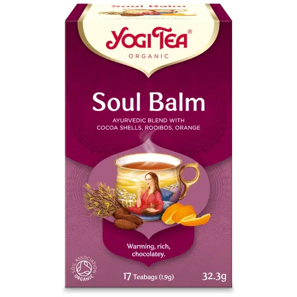A box of Yogi Tea Organic "Soul Balm" Ayurvedic blend with cocoa shells, rooibos, and orange, containing 17 teabags.