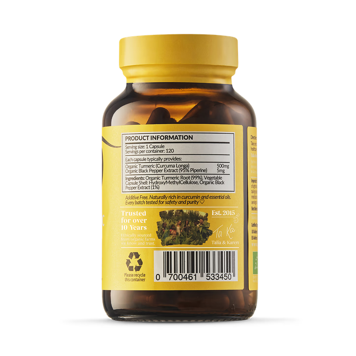 The back label of a Taka Turmeric supplement bottle with product information for 120 capsules and a barcode.