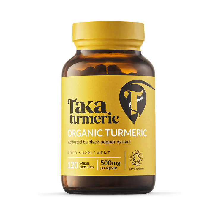 Taka Turmeric Organic Turmeric supplement bottle with 120 vegan capsules (500mg), activated by black pepper extract.