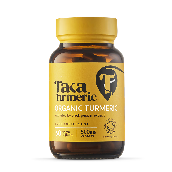Taka Turmeric Organic Turmeric supplement bottle with 60 vegan capsules (500mg), activated by black pepper extract.