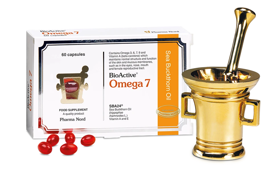 BioActive Omega 7 capsules box displayed with red softgels and a gold mortar and pestle.