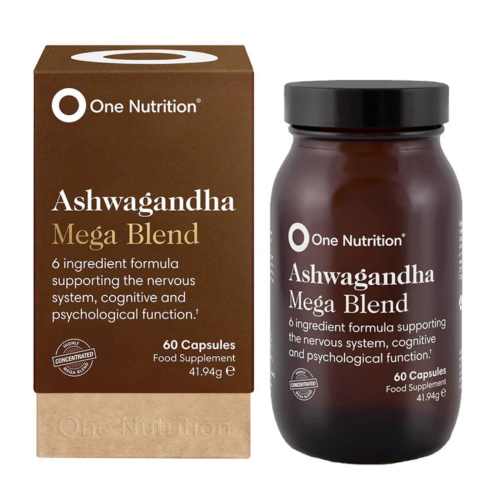 Brown box and bottle labeled "One Nutrition Ashwagandha Mega Blend." Text highlights nervous system and cognitive support. Contains 60 capsules.