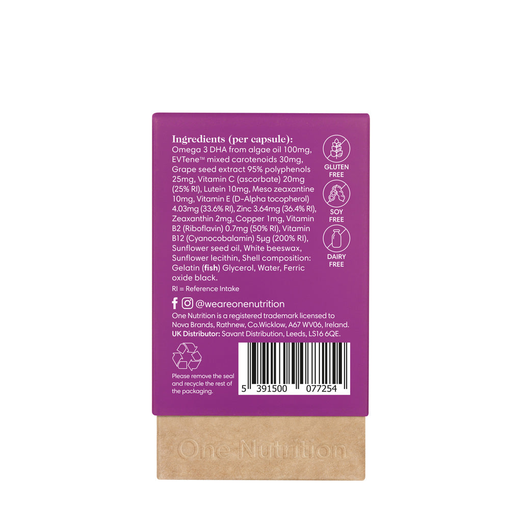 One Nutrition Macu Complete supplement facts and ingredients list including Omega 3 DHA and Lutein.