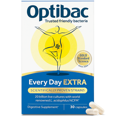 Optibac Probiotics Every Day Extra Strength capsules with 20 billion live cultures for digestive health and immune support.
