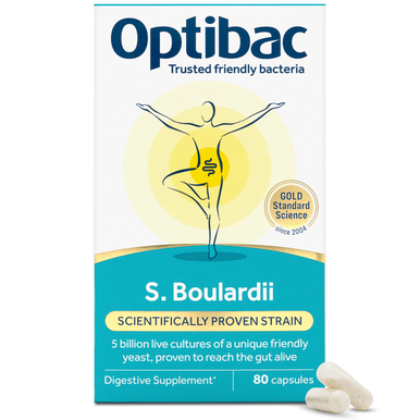 Optibac Probiotics Saccharomyces Boulardii capsules for digestive health, bowel calm, and immune support.