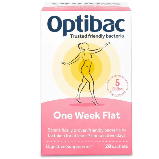 OptiBac One Week Flat probiotics 28 sachets for bloating relief and digestive balance gluten free gut health supplement.