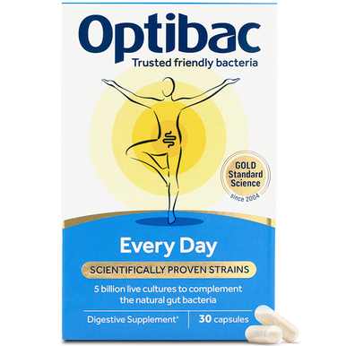 Optibac Probiotics Every Day capsules with 5 billion live cultures and prebiotic FOS for digestive health and immune support.