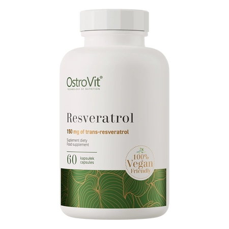 A white bottle of OstroVit Resveratrol dietary supplement capsules, featuring a white cap and a label with green and gold accents, set against a plain white background.