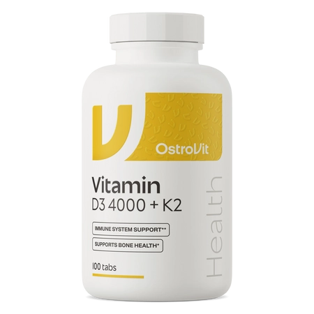 A white bottle of OstroVit Vitamin D3 4000 + K2 dietary supplements, containing 100 tabs, shown on a clean white background.