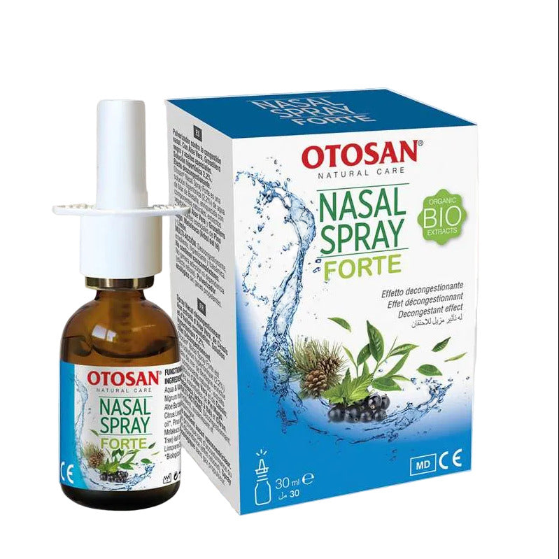 Otosan Nasal Spray Forte bottle and packaging with organic bio extract illustrations.