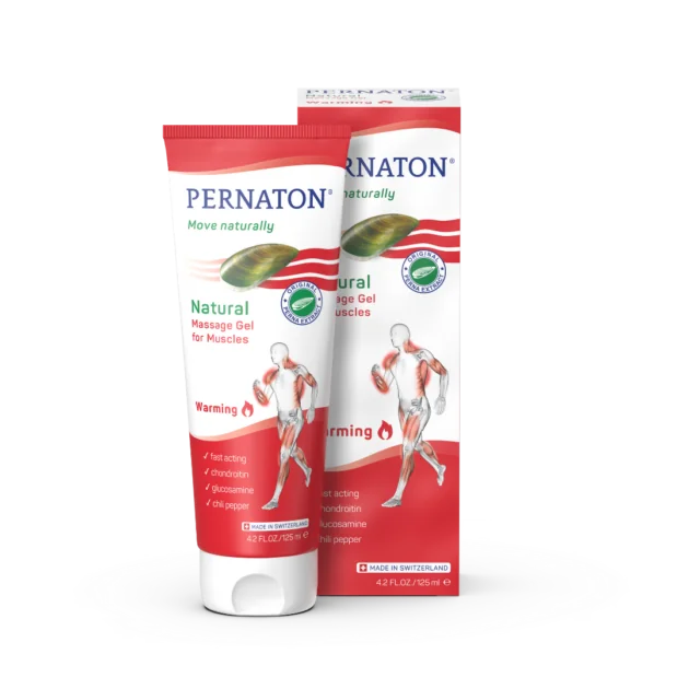 Pernaton Natural Warming Massage Gel for Muscles tube and box featuring a muscular figure illustration.