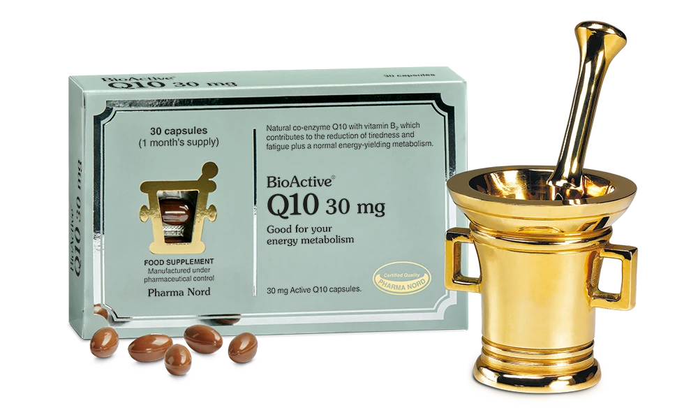 BioActive Q10 30 mg supplement packaging with capsules and a gold mortar and pestle.