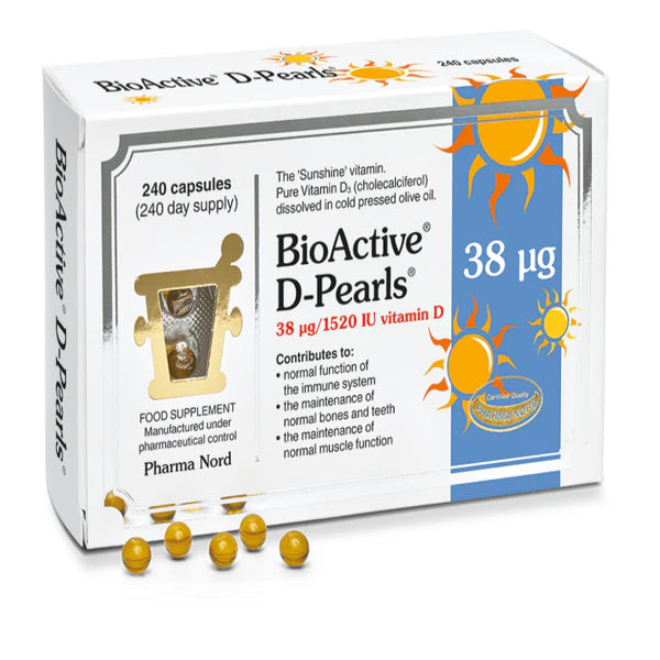Pharma Nord BioActive D-Pearls vitamin D3 capsules in olive oil for immune system and bone health.