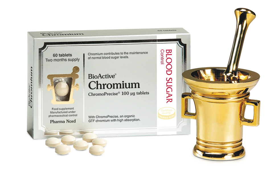 Pharma Nord Bio-Chromium tablets with ChromoPrecise organic chromium yeast for blood sugar balance and metabolic support.