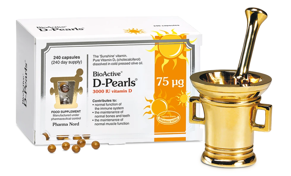 Pharma Nord BioActive D-Pearls 75 mcg Vitamin D3 capsules in olive oil for immune support and bone health