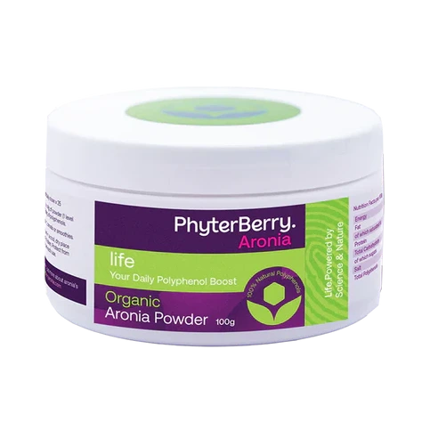 Phyterberry Aronia organic aronia powder 100g supplement tub on white background.